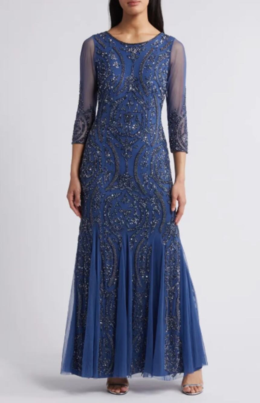 PISARRO NIGHTS Sequin Beaded Illusion Gown Size 2 Navy Blue Maxi Dress NWT
